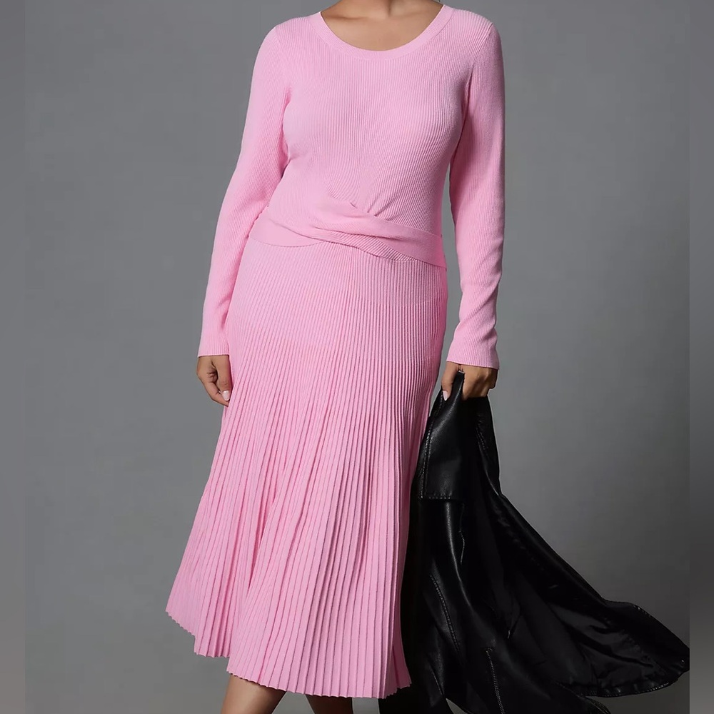 NWT $198 Anthropologie Long-Sleeve Ribbed Sweater Midi Dress - Small